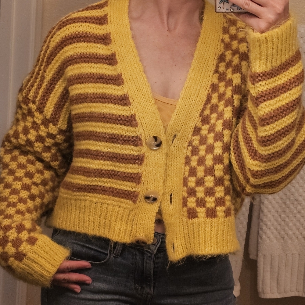 Zara Yellow and Brown Cardigan Sweater with Retro Design